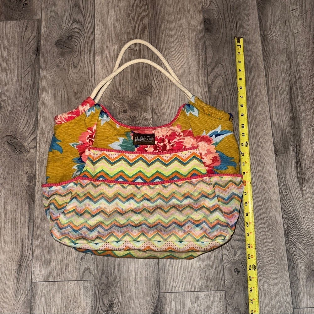 Matilda Jane Clothing Yellow Pink Floral Chevron Gather It Up Tote Bag - Picture 5 of 6